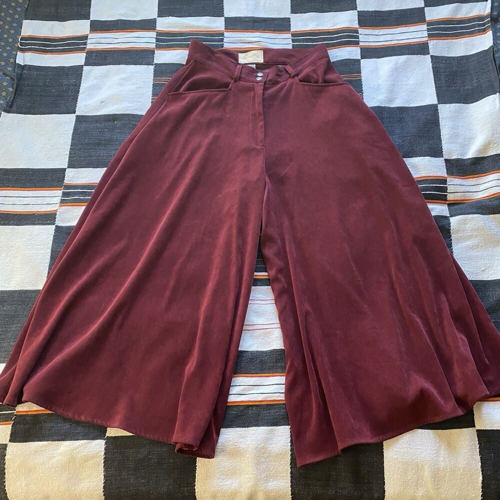 Scully Burgundy Super Wide Leg High Rise Suede Fabric Poly Pants. Size Small. - Picture 1 of 14